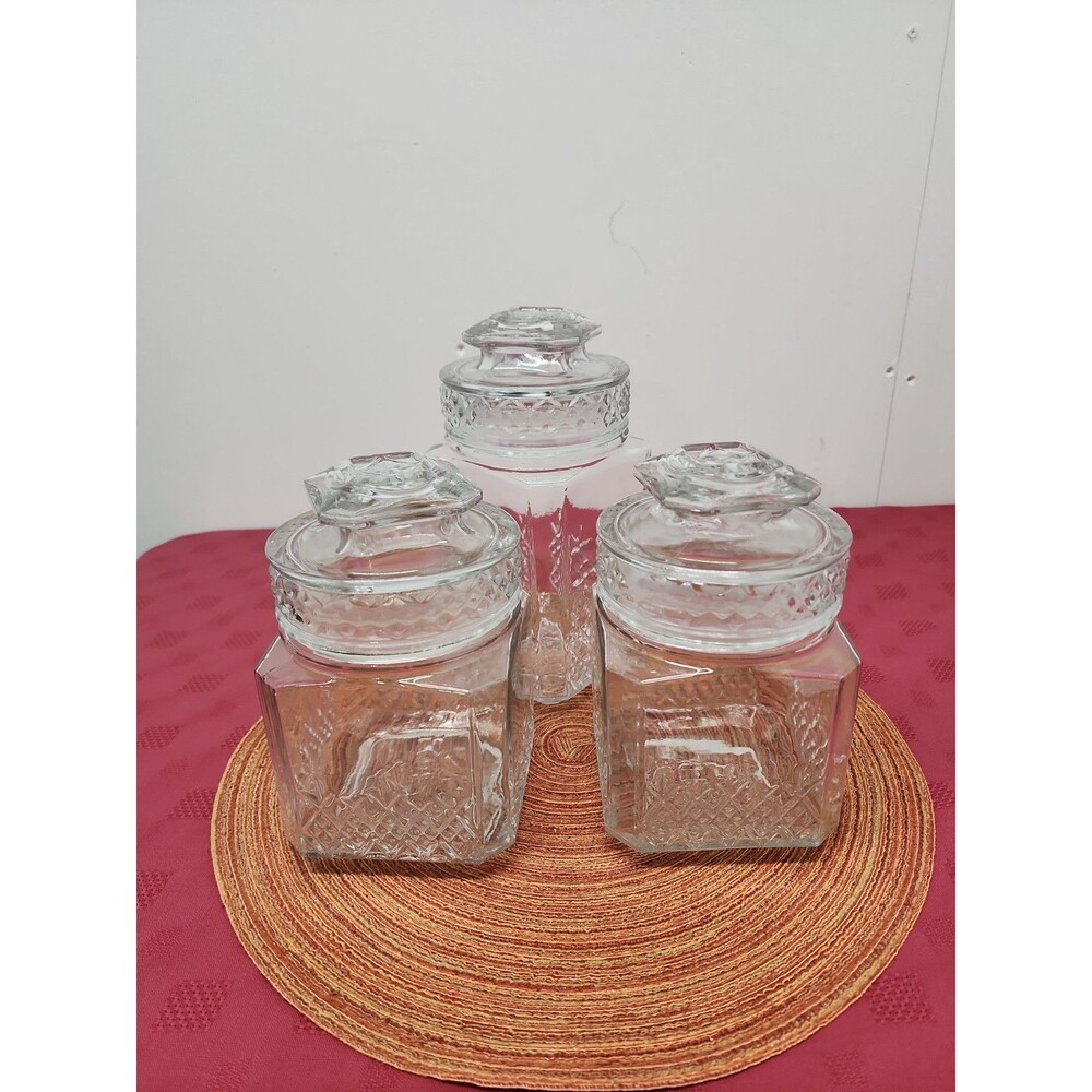 VintageKoeze's Apothecary/Cannister Jars W Gaskets Set Of 3Diamond Pattern 1980s